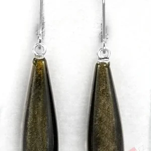 Náušnice ze zlatistvého obsidiánu QA, stříbro Ag 925/1000, oblé kapky cca 26 x 8 mm (OB6051U)