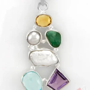 Originální větší stříbrný přívěsek (Ag 925/1000) v boho stylu s citrínem, ametystem, topazem, smaragdem a perlami QA, cca 43 x 22 mm, "šperk mořské princezny z Tasmánského moře" (BH1824P)